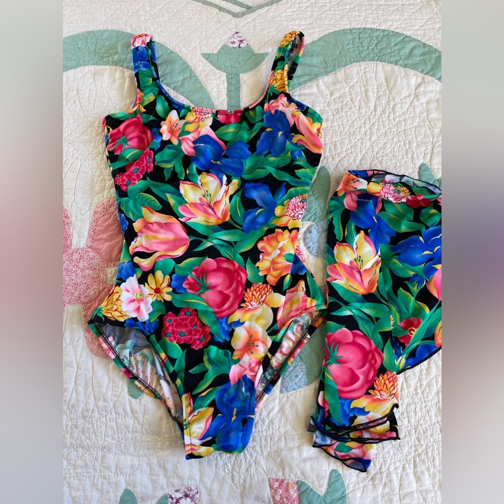 Vintage Lands End bright colorful floral tropical swimsuit with matching sarong